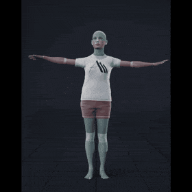 The actress stands still in a T-pose, arms extended horizontally at shoulder height and legs slightly apart,... - preview gif