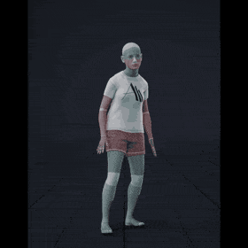 This clip shows a female person walking forward in a wobbly, childlike manner. She crouches down to pick something up,... - preview gif