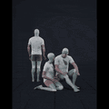 This is a rehearsed three-performer dialogue scene in a mocap studio. The performers interact around a raised stair or... - preview gif