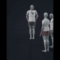 This is a rehearsed three-performer dialogue scene in a mocap studio. The performers interact around a raised stair or... - preview gif