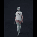 The female actor begins walking forward in a wide-legged stance, taking big, purposeful strides. Her arms swing in... - preview gif