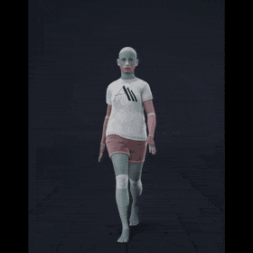 The female actor begins walking forward in a wide-legged stance, taking big, purposeful strides. Her arms swing in... - preview gif