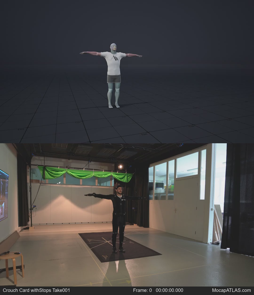Crouch-walking in a motion matching dance card pattern with turns in all directions, 45 angles, left and right. With...
