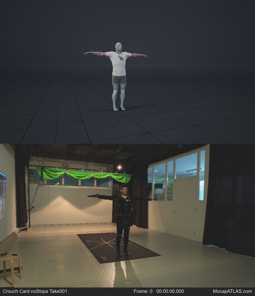 Crouch-walking in a motion matching dance card pattern with turns in all directions, 45 angles, left and right. Take...