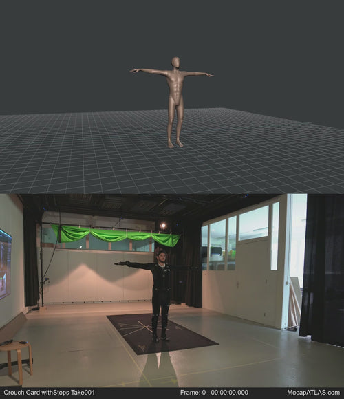 Crouch-walking in a motion matching dance card pattern with turns in all directions, 45 angles, left and right. With...