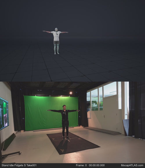 Standing with various idle poses, breaks, fidgets, and stances. Version with exaggerated acting