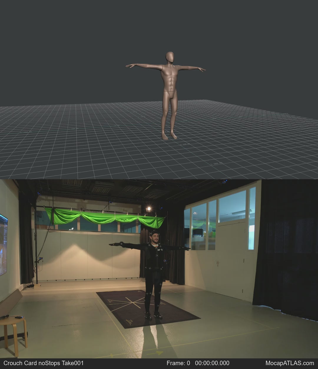 Crouch-walking in a motion matching dance card pattern with turns in all directions, 45 angles, left and right. Take...