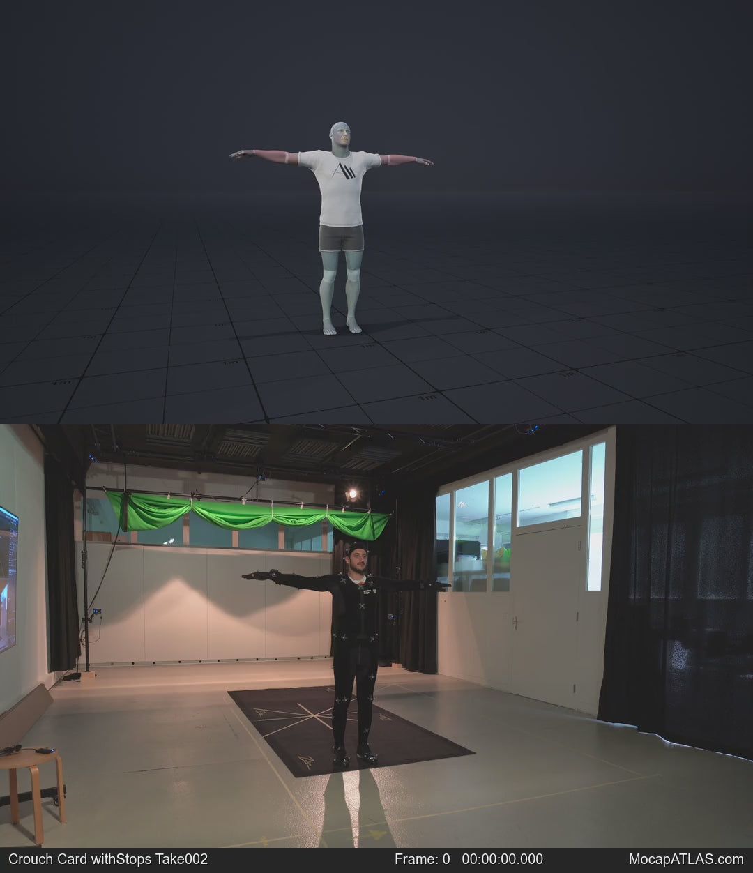 Crouch-walking in a motion matching dance card pattern with turns in all directions, 45 angles, left and right. With...