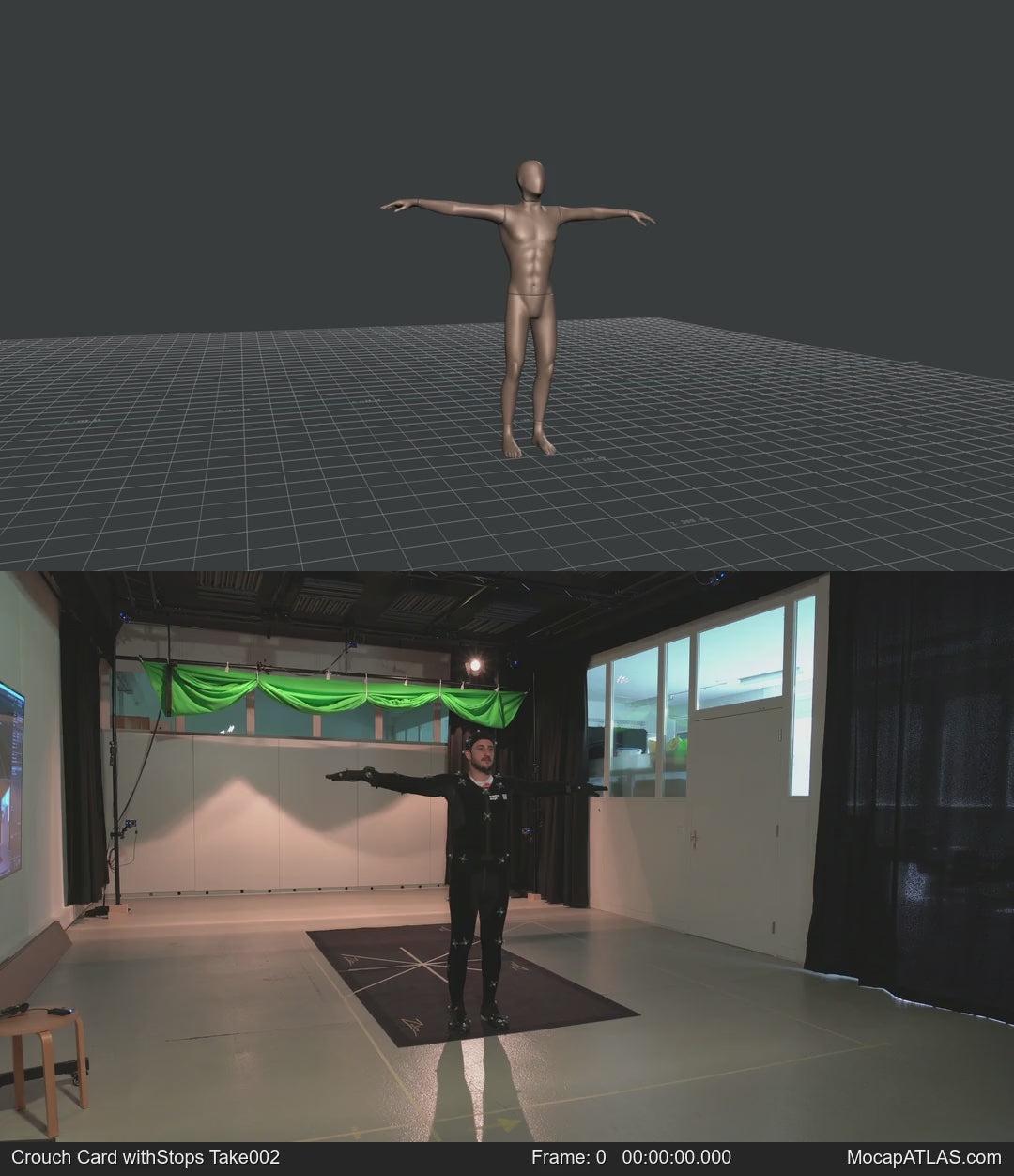 Crouch-walking in a motion matching dance card pattern with turns in all directions, 45 angles, left and right. With...