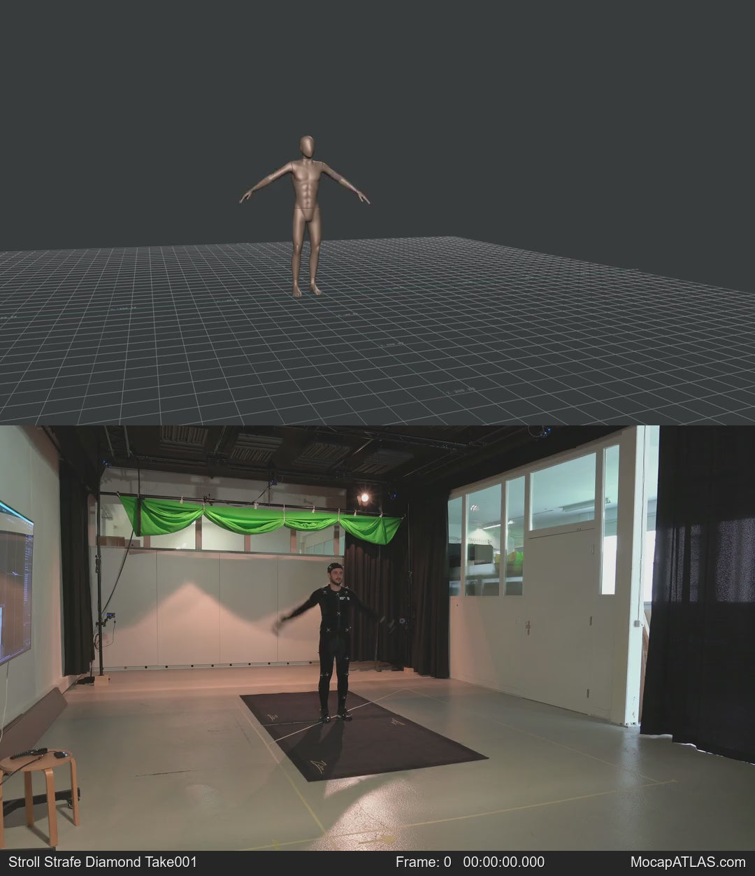 Strolling while facing forward forward with 135 degree direction changes left and right. Strafing in a diamond...